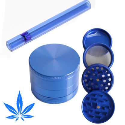 PRO 420 Blue Gift Pack- Herb Grinder & Glass Pipe-Great Gift for Smokers