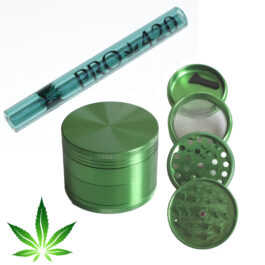 PRO 420 Green Gift Pack- Herb Grinder & Glass Pipe-Great Gift for Smokers